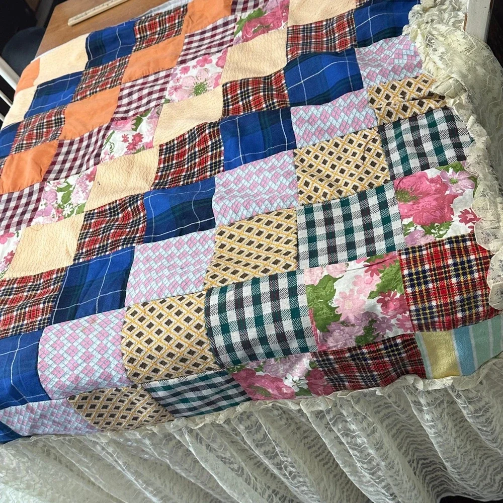 VTG Handmade Patchwork‎ Quilt 42x86 Plaid Floral Fabric Lace Embroidery Cottage